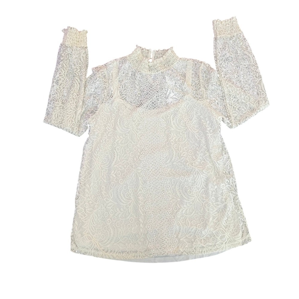 Cable & Gauge White Lace Smocked Mock Neck Long Sleeve Blouse NWT Large (1178)